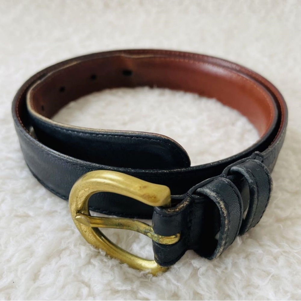 Elegant Black and Brown Leather Belt with Gold Buckle